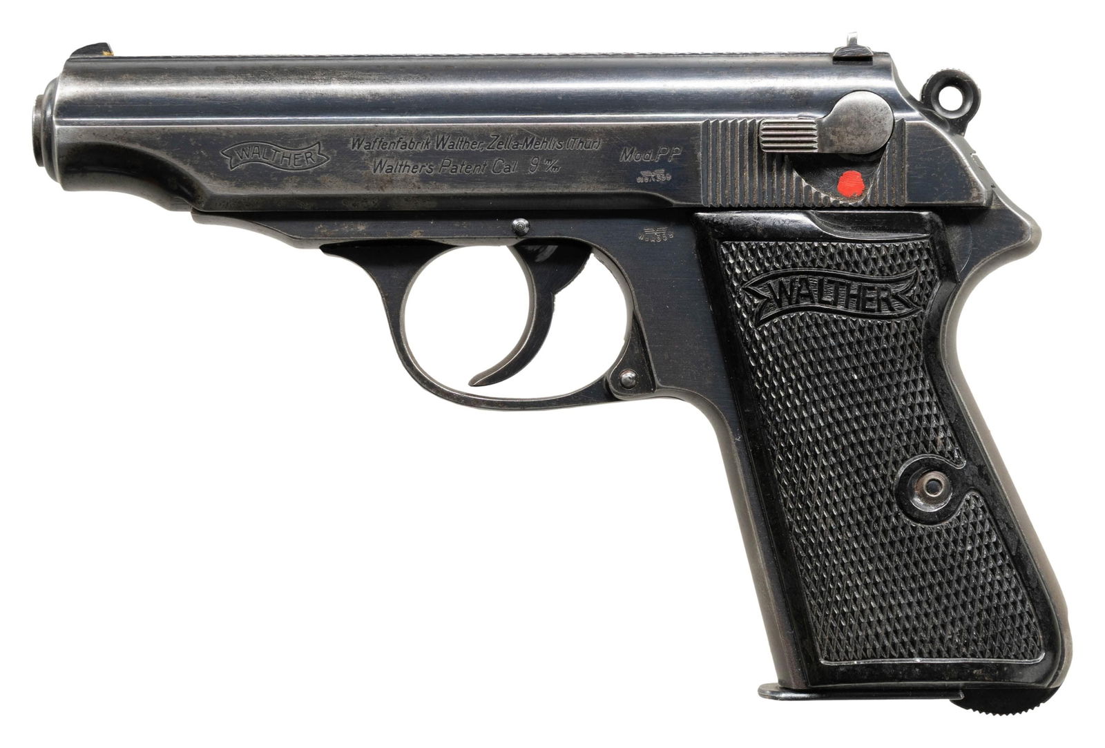 SCARCE GERMAN WWII WALTHER MODEL PP 9MM KURZ: SEMI-AUTOMATIC PISTOL WITH HEEL MAGAZINE RELEASE. Cal. 9mm Kurz (.380 ACP). S# 202431P. Bbl. 3 13/16". 1 of only approx. 1,500 9mm Kurz Model PP semi-automatic pistols mfg. by Walther for the German A