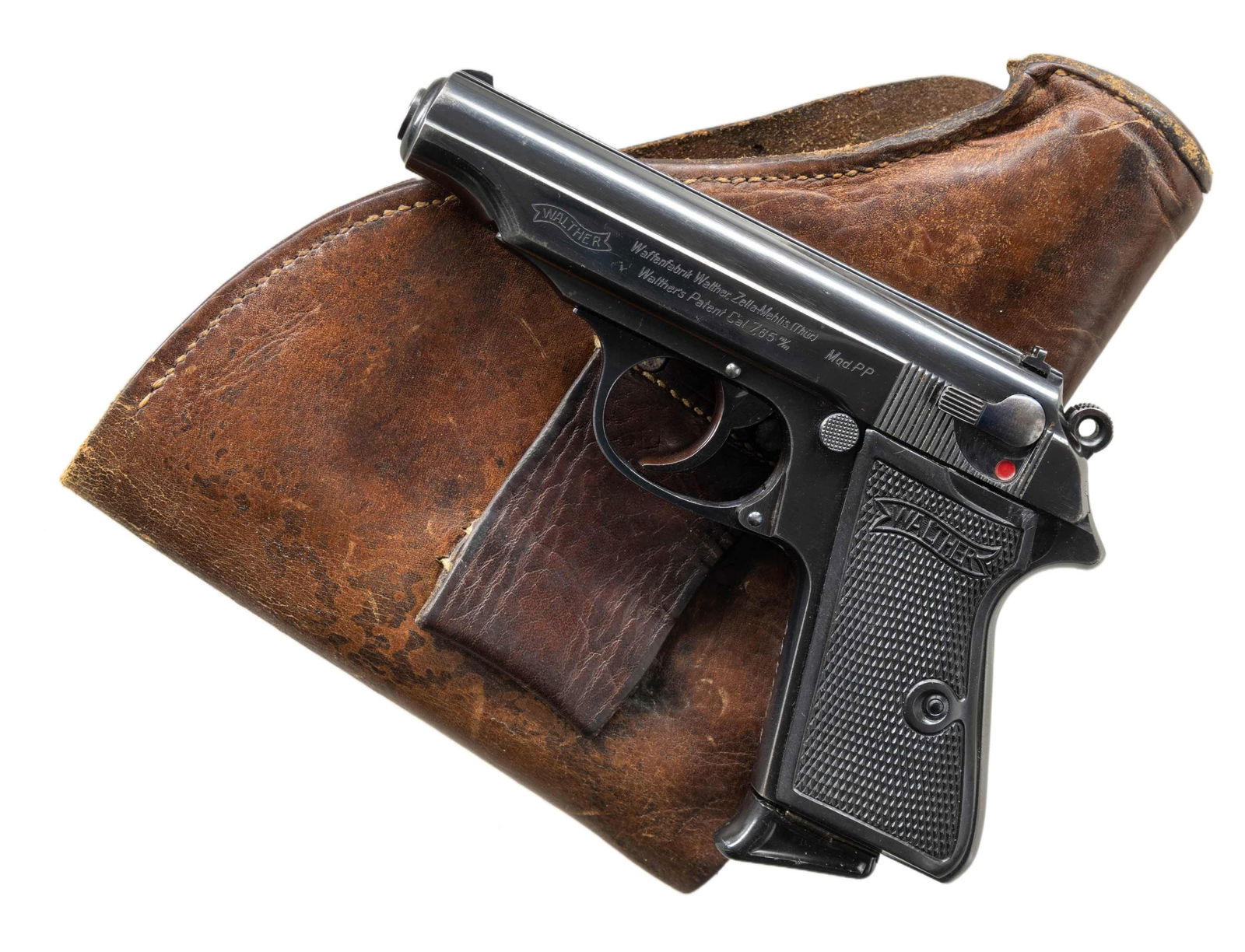 NICE & SCARCE WALTHER "RFV" MARKED MODEL PP: SEMI-AUTOMATIC PISTOL. Cal. 7.65mm. S# 903968. Bbl. 3 13/16". Model PP semi-automatic pistol mfg. by Walther for the Reichsfinanzverwaltung (Reich Finance Ministry) circa. 1936. Left side of the slide