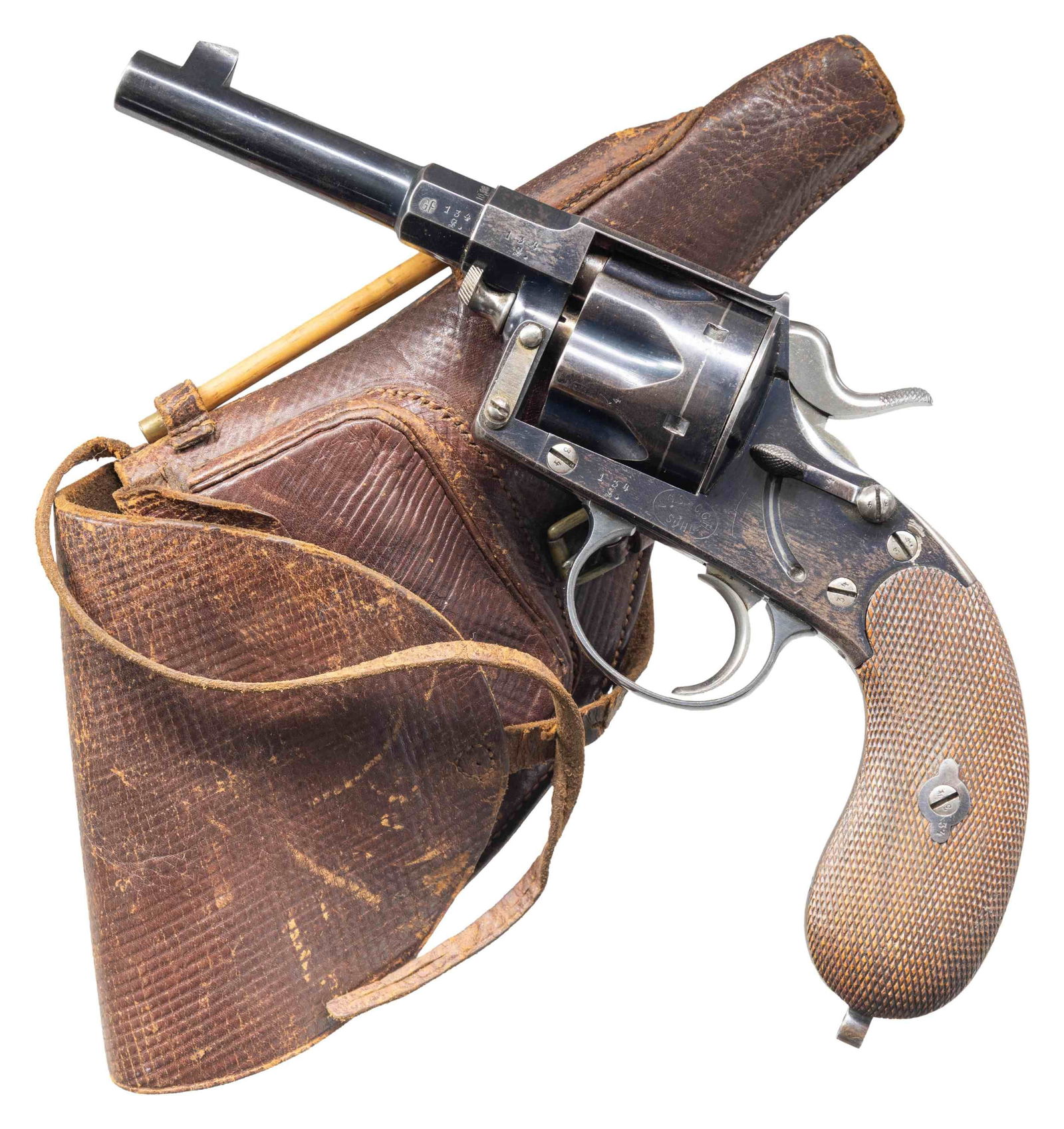 V.C. SCHILLING & C.G. HAENEL MODEL 1883: REICHSREVOLVER WITH ORIGINAL HOLSTER. Cal. 10.6x25mmR. S# 134s. Bbl. 4 5/8". Model 1883 Reichsrevolver mfg. by V.C. Schilling & C.G. Haenel. Left side of the faceted breech section of the bbl. is mark