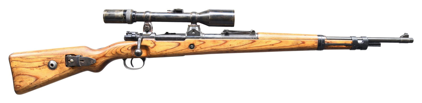 ASSEMBLED K98k HIGH TURRET BOLT ACTION SNIPER: RIFLE. Cal. 8mm Mauser. S# 6799i. Bbl. 23 1/2". Blade front sight without hood. Tangent rear sight graduated to 2000m. Rifle is assembled as a turret mount sniper rifle with a Busch Visar 6x power sco