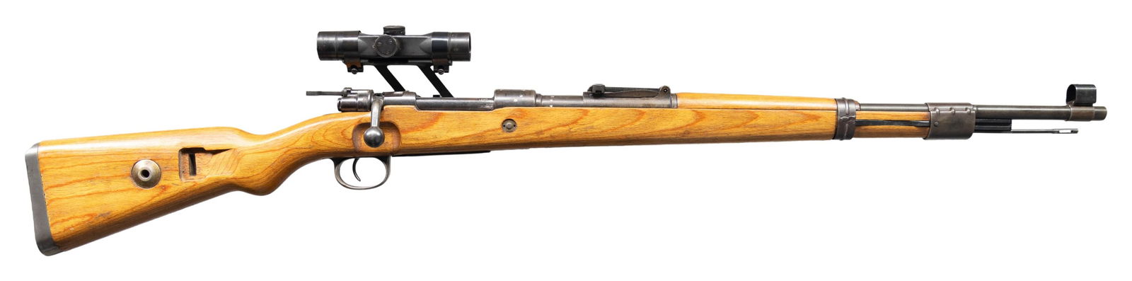 ASSEMBLED JP SAUER SWEPT BACK K98K SNIPER RIFLE.: Cal. 8mm Mauser. S# 8521t. Bbl. 23 1/2". Blade front sight with replacement hood. Tangent rear sight graduated to 2000m. Rifle is assembled to resemble a swept back sniper rifle with matching repro mo