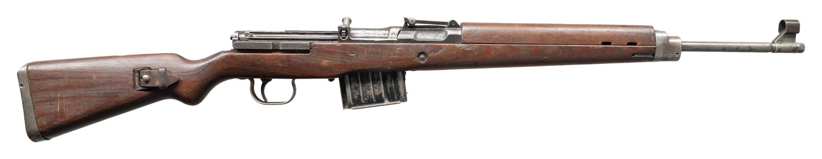 EARLY WALTHER G43 SEMI AUTO RIFLE.: Cal. 8x57 (8mm Mauser). S# 846b. Bbl. 23 1/4" threaded. Standard G43 sights. Matching numbers on receiver, bolt & stock. Safety assembly not present & unable to check internal components for matching