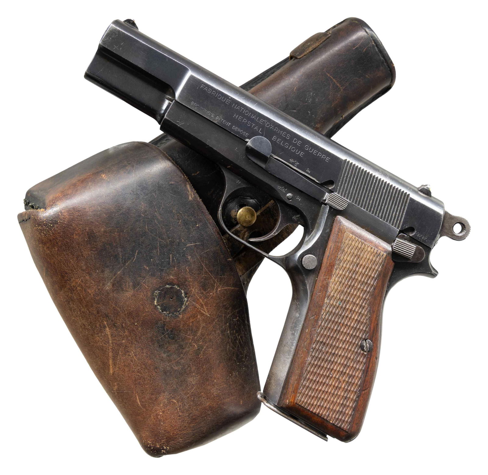 FABRIQUE NATIONALE "DANISH POLICE" CONTRACT HIGH: POWER SEMI-AUTOMATIC PISTOL. Cal. 9mm Luger. S# 23280. Bbl. 4 5/8". High Power semi-automatic pistol mfg. by Fabrique Nationale, seemingly under contract for Denmark. While there are no proofs or