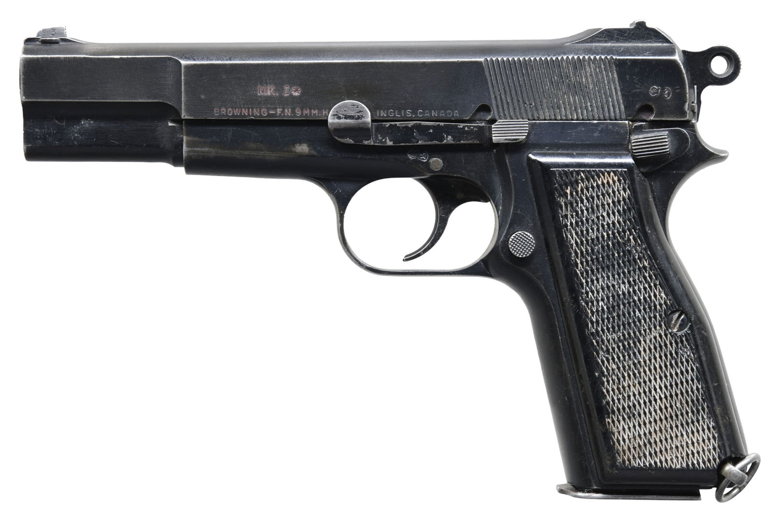 RARE FN REBUILT DUTCH CONTRACT INGLIS NO.2 MK.I*: HIGH POWER SEMI-AUTOMATIC PISTOL. Cal. 9mm Luger. S# KL55038. Bbl. 4 5/8". No.2 MK.I* semi-automatic pistol mfg. in Canada by Inglis under contract for the Netherlands, and subsequently rebuilt by