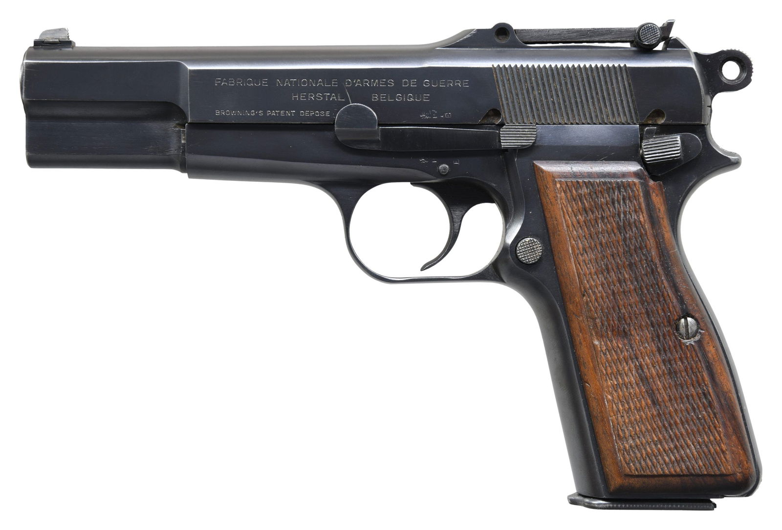 UNUSUAL EARLY POST-OCCUPATION FABRIQUE NATIONALE: HIGH POWER SEMI-AUTOMATIC PISTOL. Cal. 9mm Luger. S# 44082. Bbl. 4 5/8". High Power semi-automatic pistol mfg. by Fabrique Nationale after liberation from Germany. This example is one of the early
