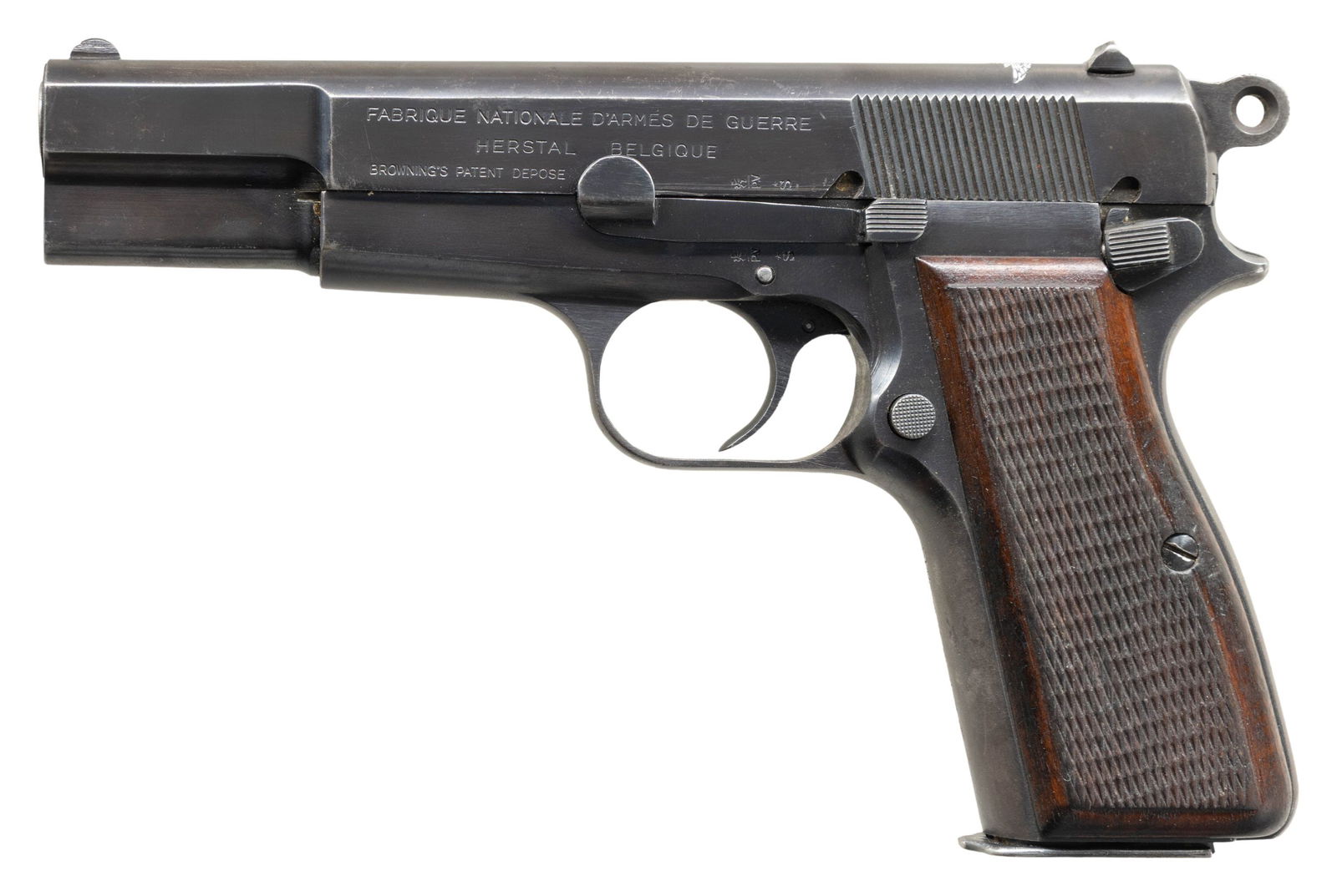 ELUSIVE THAI CONTRACT FABRIQUE NATIONALE HIGH: POWER SEMI-AUTOMATIC PISTOL. Cal. 9mm Luger. S# 0848. Bbl. 4 5/8". High Power semi-automatic pistol mfg. in Belgium by Fabrique Nationale for the Royal Thai Air Force. The left side of the slide is