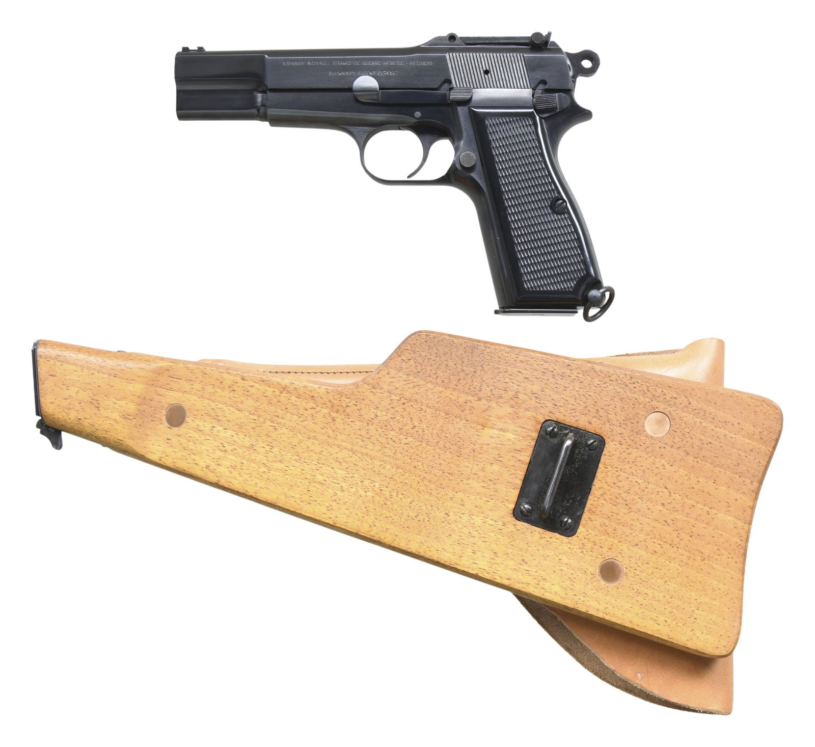 EXCEEDINGLY SCARCE FABRIQUE NATIONALE SULTAN OF: OMAN HIGH POWER SEMI-AUTOMATIC PISTOL WITH SHOULDER STOCK & HOLSTER. Cal. 9mm Luger. S# T195583. Bbl. 4 5/8". According to page 785 of "FN Browning Pistols", Vol. II, Third Edition, by Anthony