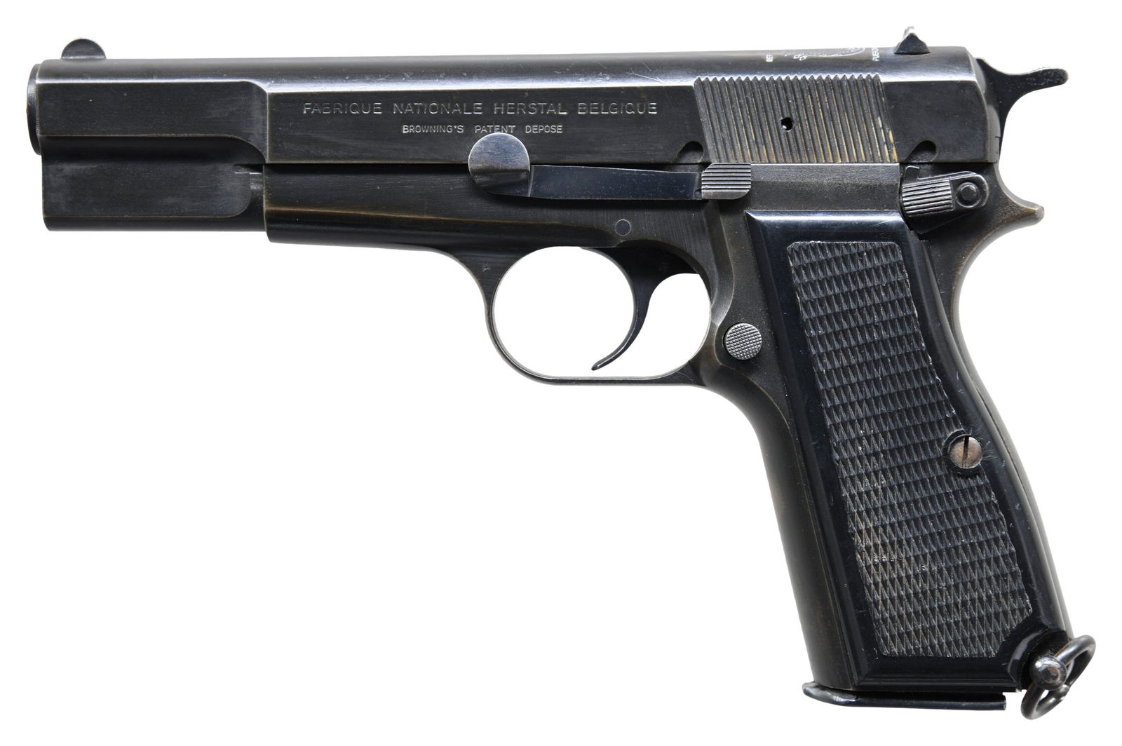 PANAMANIAN ARMY CONTRACT FABRIQUE NATIONALE HIGH: POWER SEMI-AUTOMATIC PISTOL. Cal. 9mm Luger. S# 245PR02457. Bbl. 4 5/8". High Power semi-automatic pistol mfg. by Fabrique Nationale under contract for Panama in 1987. The left side of the slide is