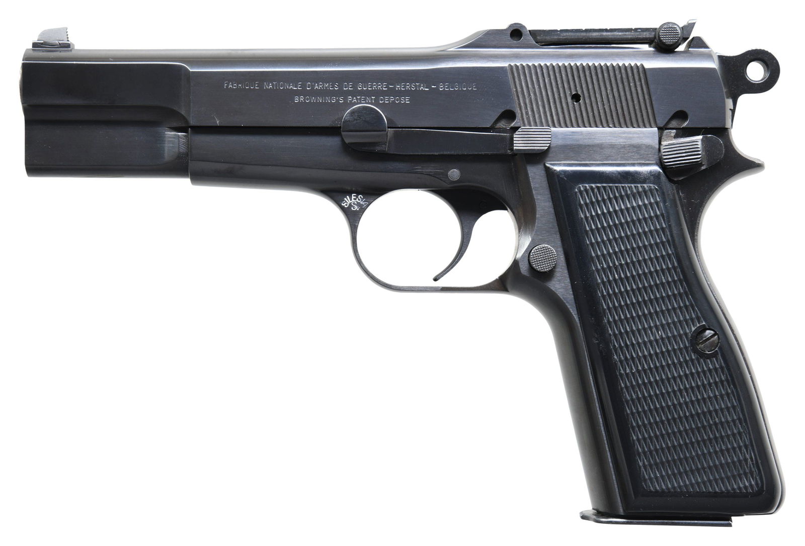 EXCEPTIONALLY SCARCE, HIGH CONDITION, "SILESIA": MARKED FABRIQUE NATIONALE "EL CAPITAN" HIGH POWER SEMI-AUTOMATIC PISTOL. Cal. 9mm Luger. S# T253219. Bbl. 4 5/8". One of very few "El Capitan" High Power semi-automatic pistols mfg. by Fabrique