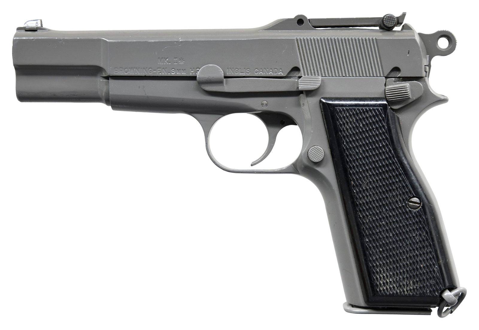 EXTREMELY RARE POST-WAR BELGIAN INGLIS MK.I* HIGH: POWER SEMI-AUTOMATIC PISTOL. Cal. 9mm Luger. S# 1CH5755. Bbl. 4 5/8". 1 of approx. 1,578 Inglis MK.I* High Power pistols supplied to Belgium by Canada under the Defence Appropriation Act of 1950 for