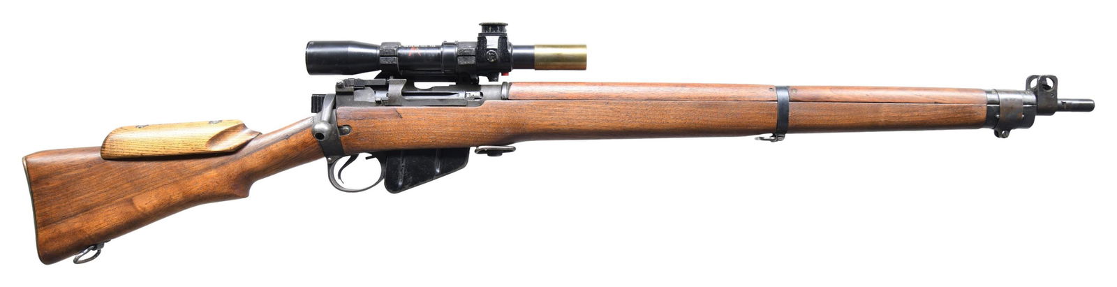 WW2 BRITISH NO.4 MKI T BOLT ACTION SNIPER RIFLE.: Cal. 303 Brit. S# U36011. Bbl. 25 1/4". Blade front sight with protective ears. Ladder aperture rear sight graduated to 800yds. Rifle is equipped with a No. 32 Mk 3 scope made by Cooke, Troughton, and
