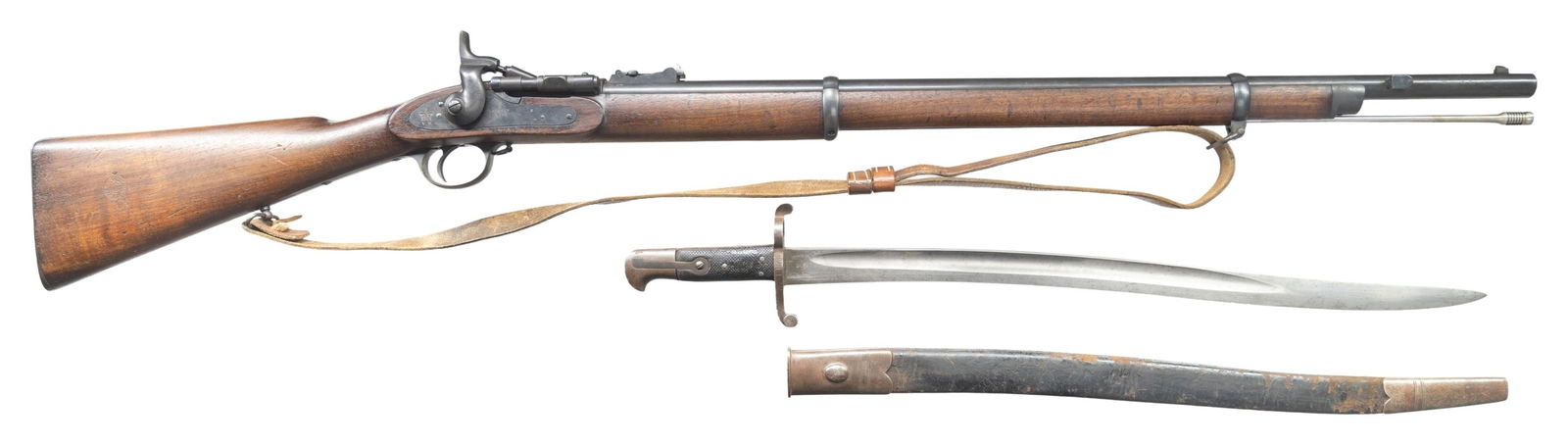 BSA SNIDER MKIII SINGLE SHOT RIFLE.: Cal. 577 Snider. NSN. Bbl. 30 1/2". Blade front sight. Ladder rear sight. Graduated to 1000yds. Top of action has "III" marking. Lock has "BSA 1872 marking". Rear of lock has crown "VR" marking. Reblu