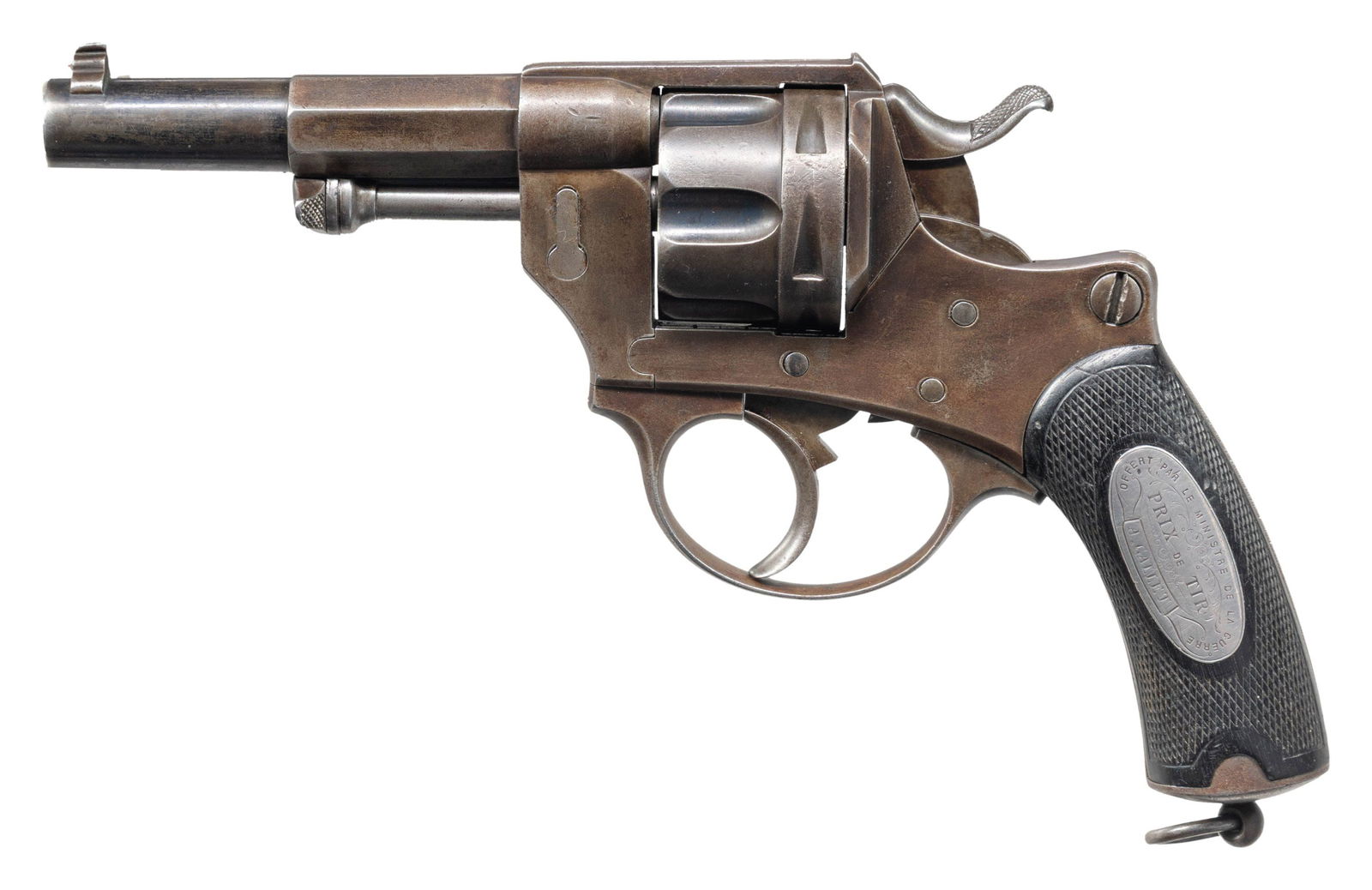 ST. ETIENNE MLE 1874 DOUBLE ACTION REVOLVER WITH: SHOOTING AWARD PRESENTATION PLAQUE. Cal. 11mm. S# 16. Bbl. 4 3/8". Mle 1874 double action revolver mfg. by St. Etienne. Right side of the frame is marked "St. Etienne" below the cyl., with an upside d