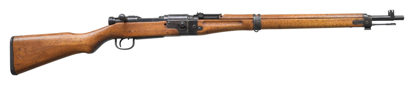 JAPANESE TYPE 2 ARISAKA BOLT ACTION PARATROOPER: RIFLE. Cal. 7.7 Jap. S# 1521. Bbl. 25 1/2". Blade front sight with protective ears. Ladder aperture rear sight graduated to 1500m with AA wings. All parts are correctly numbered matching either to rec