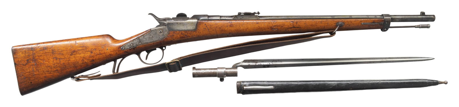 AUSTRIAN 1873/77 EXTRA KORPS WERNDL CARBINE.: Cal. 11mm Werndl. S# 4495G. Bbl. 22 1/2". Blade front sight. Ladder rear sight graduated to 600 Schritt. Matching numbers on left side of action, hammer, breechblock & left side of rear sight base.