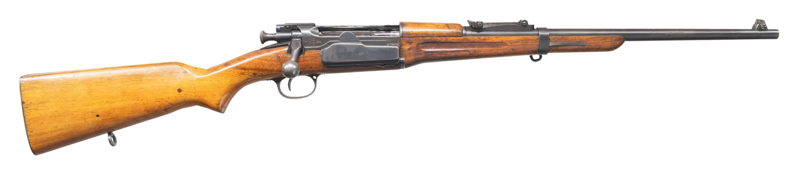 NORWEGIAN 1897 KRAG BOLT ACTION CARBINE.: Cal. 6.5x55. S# 351. Bbl. 20 1/2". Blade front sight. Tangent rear sight graduated to 2200m. Stock & rear sight parts are matching to receiver but other visible parts are mismatched. 1898 dated 1897