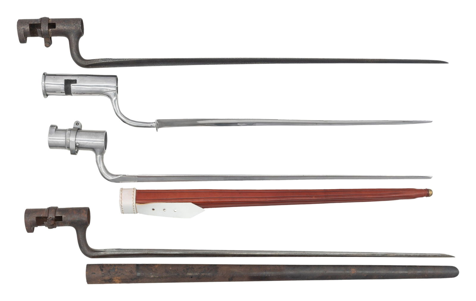 LOT OF 4 ASSORTED SOCKET BAYONETS.: Lot of 4 assorted Socket bayonets, including: 1) U.S. socket bayonet. Top flat is marked "US". Blade measures 18 1/2" from the point to the rear of the elbow, with an overall length of 21". Complete