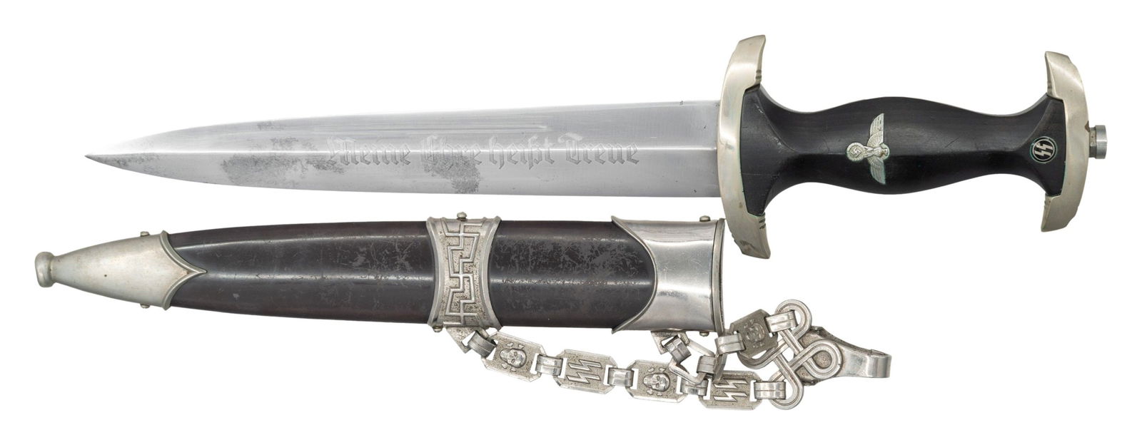 WWII GERMAN M1936 CHAINED SS OFFICER'S DAGGER.: A very fine and scarce WWII German SS officer's chained dagger with an overall length: 14 3/4". Blade is etched "Meine Ehre Heisst Treue". The blade has no maker's mark, as is normally seen on the cha