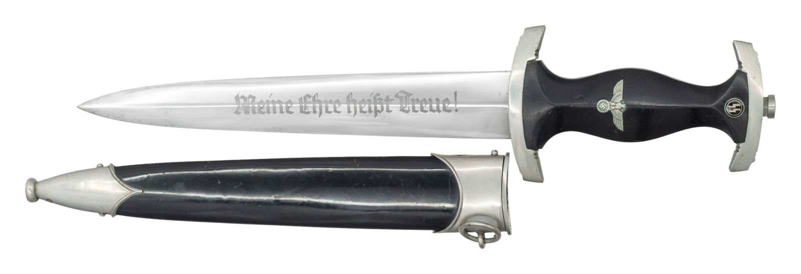 WWII GERMAN MODEL 1933 SS DAGGER.: A fine WWII German MODEL 1933 SS dagger with an overall length: 14 3/4". Blade is etched "Meine Ehre Heisst Treue". The blade is marked on the reverse " RZM M 7/29 " indicating manufacture by Kitterma