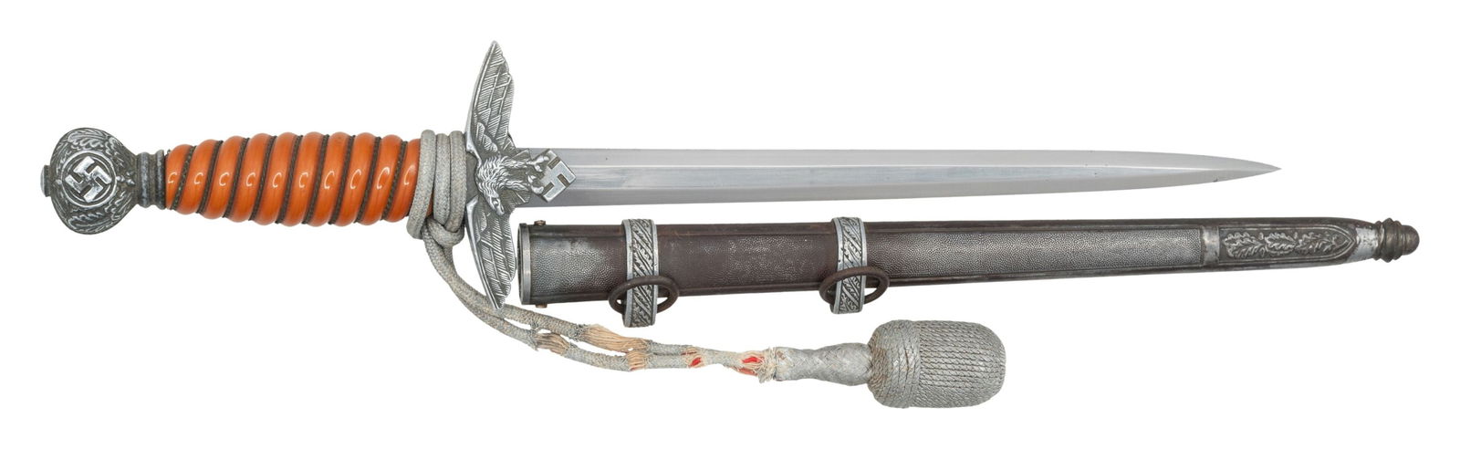 WWII GERMAN 2ND MODEL LUFTWAFFE DAGGER BY ALCOSO: WITH PORTEPEE. Alcosso is the trade name for the Alexander Coppel & Co., a Jewish owned firm. In 1936 the Alexander was forced out by the NSDAP and the ACS marking was utilized until 1940 when it was