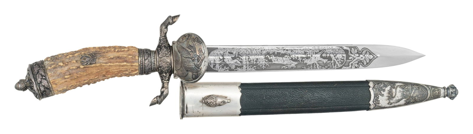WWII GERMAN HUNTING ASSOCIATION DAGGER BY EICKHORN: A fine example of a WWII German Hunting Association dagger measuring 18" overall with a beautifully etched blade marked " ORIGINAL (logo) Eickhorn SOLINGEN ". Etching includes various hunting and fore