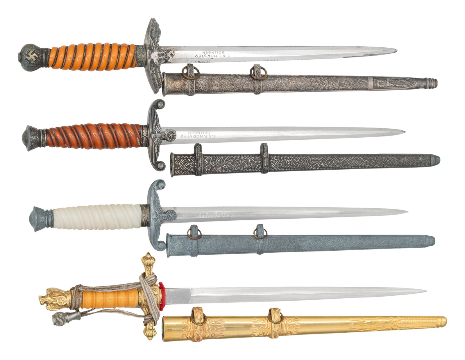 4 WWII GERMAN MINIATURE DAGGERS.: 1) A miniature WWII German Army dagger measuring 7 3/4" in length with a plain blade marked " E. F. HORSTER SOLINGEN ". Zinc eagle crossguard and oak leaf embellished pommel. White grip with zinc