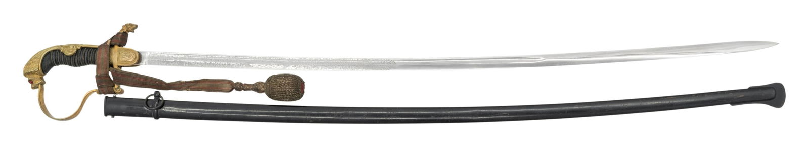 GERMAN WEIMAR REPUBLIC POLICE SWORD BY WEYERSBERG.: A very fine German Weimar Republic Police sword measuring 39 1/2" overall with an etched 33 3/4" blade. The etching includes sprays of arms and foliate motifs. The spine is etched " PAUL WEYERSBERG &