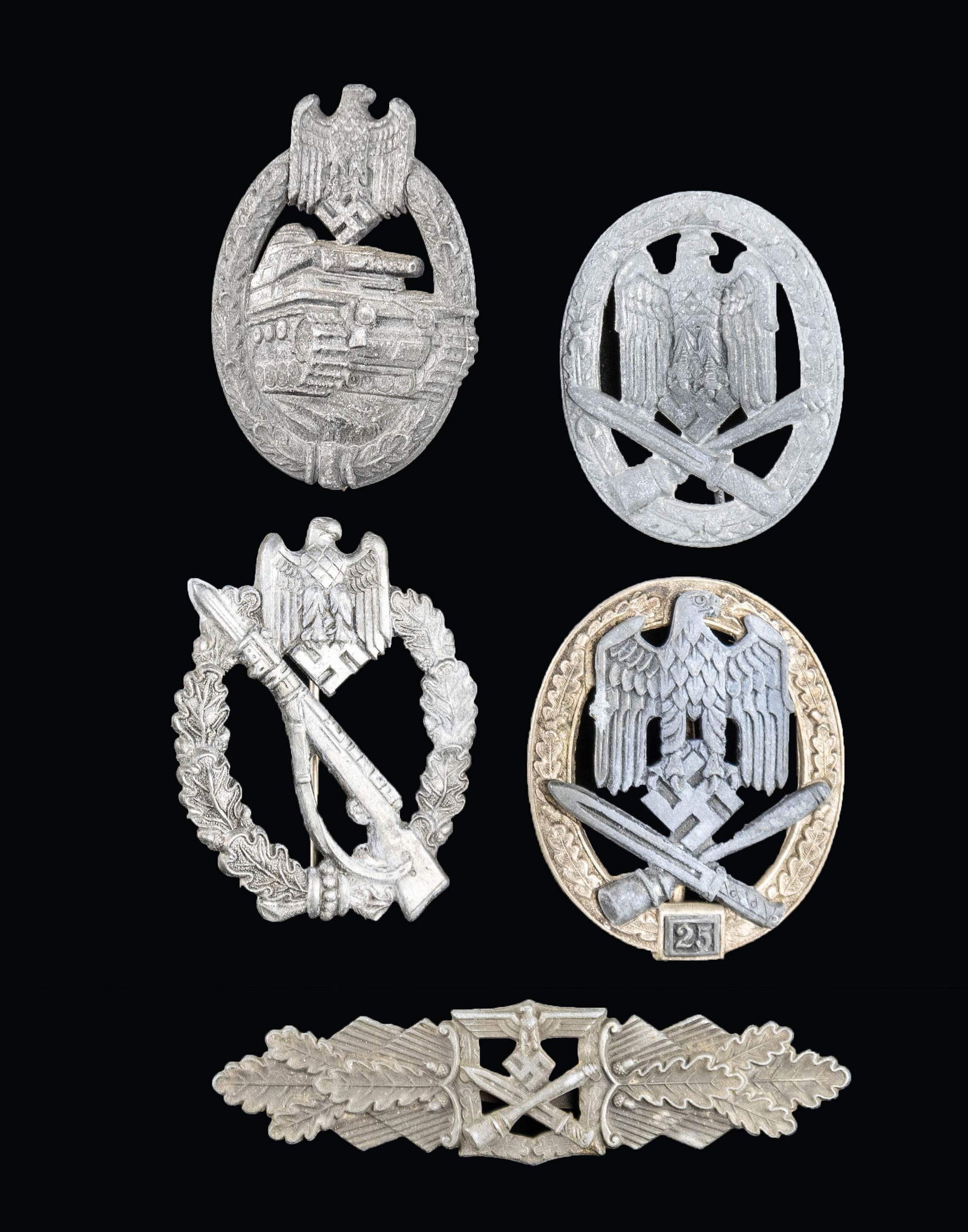 5 WWII GERMAN ARMY BADGES.: This lot of 5 WWII German Army Badges includes 1) General Assault Badge for 25 assaults. The badge has a gray zinc eagle, bayonet & grenade, and "25" plaque. The wreath is plated zinc. The reverse sho
