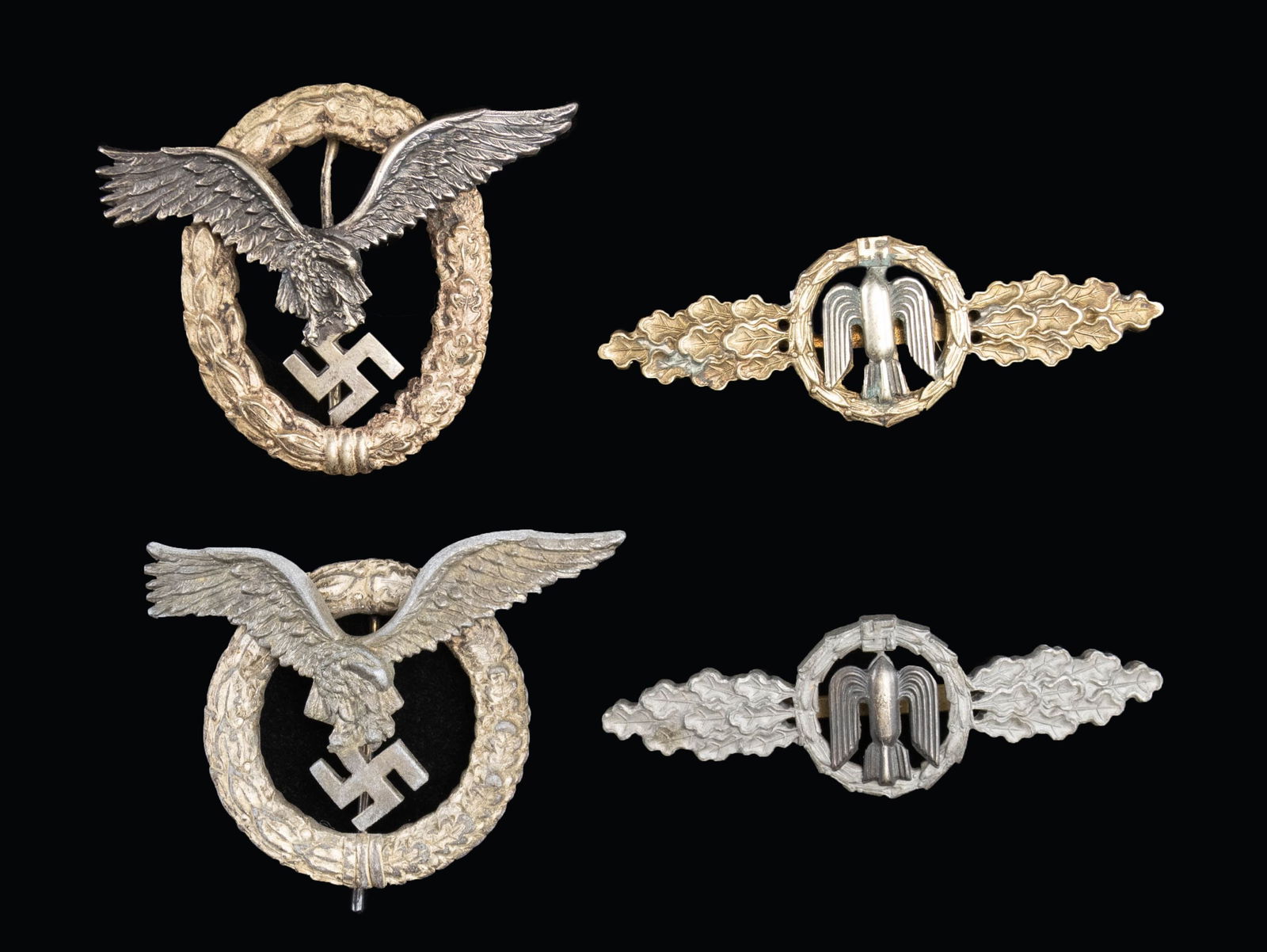 4 WWII GERMAN LUFTWAFFE BADGES AND AWARDS.: This lot of 4 WWII German Luftwaffe badges include 1) Luftwaffe Pilots and Observers Badge in plated tombak. The reverse is marked " C. E. JUNKER BERLIN S W " and shows double rivet construction with