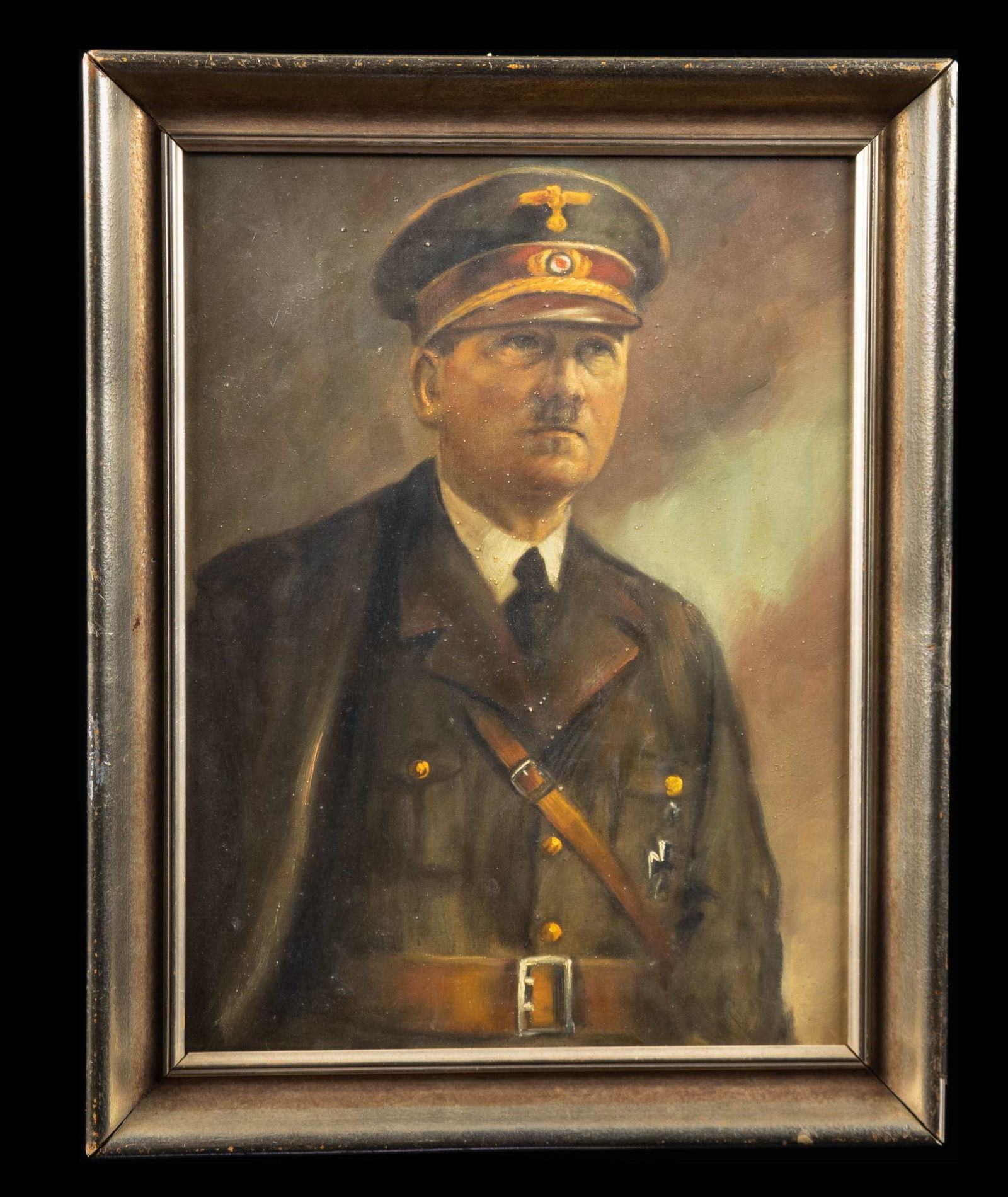 WWII PERIOD UNSIGNED ADOLF HITLER PORTRAIT.: A nice example of a WWII period waist up portrait of German Fuhrer, Adolf Hitler. The portrait shows Hitler in his preferred Political Leader's uniform with a brown belt featuring an over-the-shoulder