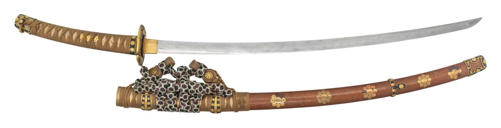 EXQUISITE JAPANESE GOLD DECORATED KATANA WITH: TACHI MOUNTS.This breath-taking katana would more accurately be termed an itomaki no tachi. It appears to be of the Edo period as indicated by the decorative motifs utilized. We have been unable to re