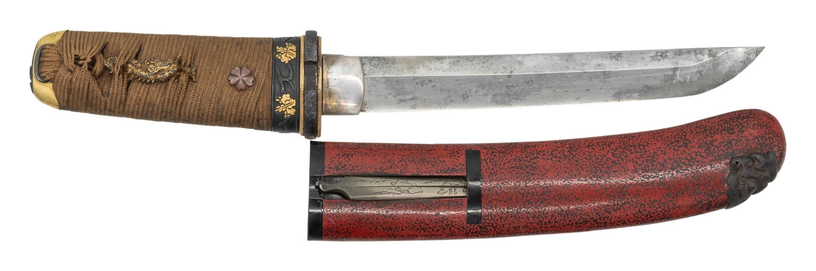ORNATE EARLY JAPANESE TANTO.: This tanto measures 11 3/4" overall with a 6 3/4" blade and a silvered habaki. There is a small iron tsuba with a gold inlaid dragon on the edge. There is one gilded seppa above and below. The