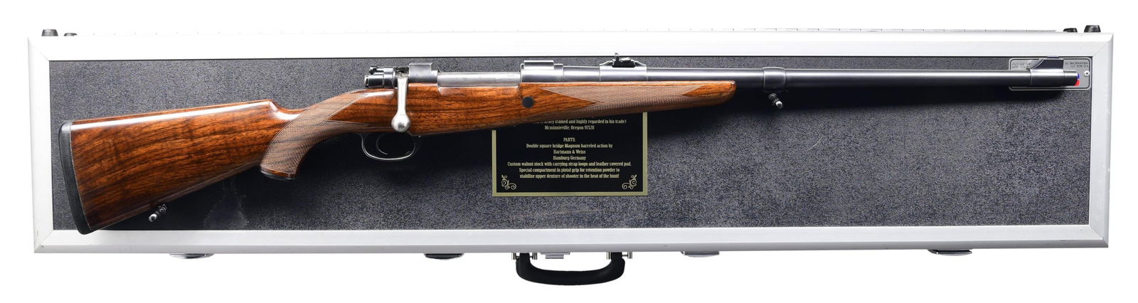 WALTER KULOUCH CUSTOM DOUBLE SQUARE BRIDGE MAUSER: BOLT-ACTION SPORTING RIFLE. Cal. 416 Rigby. S# 9143. Double square bridge action barreled by Hartmann & Weiss, Hamburg Germany. Bbl. 24" tapered round. Bbl. band mounted bead front sight w/ band mount