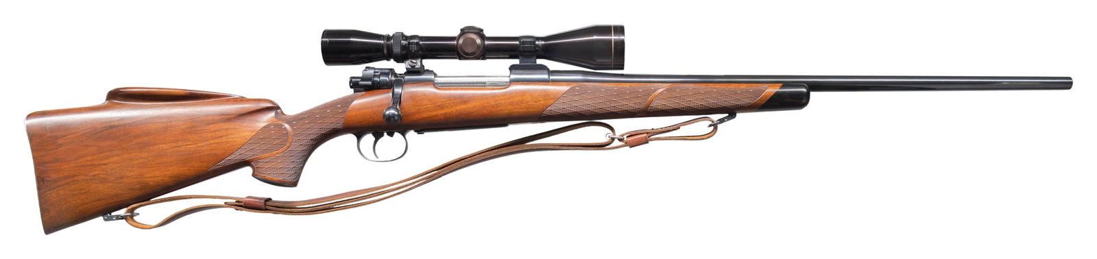 LEONARD MEWS STOCKED CUSTOM MODEL 98 MAUSER: WITH SCOPE. Cal. 7mm Rem. Mag. S# 5555 (on bottom of receiver ring with metal out of wood). The 23-1/4" medium weight round barrel is marked "G R DOUGLAS" "7MM REM." on left rear. Large ring model 98
