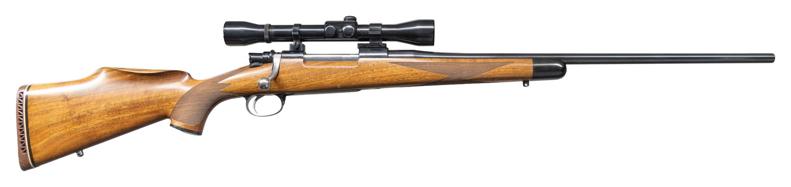 CUSTOM FN MAUSER SPORTER WITH LEONARD MEWS STOCK: WITH SCOPE. Cal. 30-06. S# 6361. The 22" medium weight barrel is marked "Flaig Ace" and with caliber at left rear. Bottom is stamped with "11 16 61B" (date). FN action stamped "MADE IN BELGIUM" on