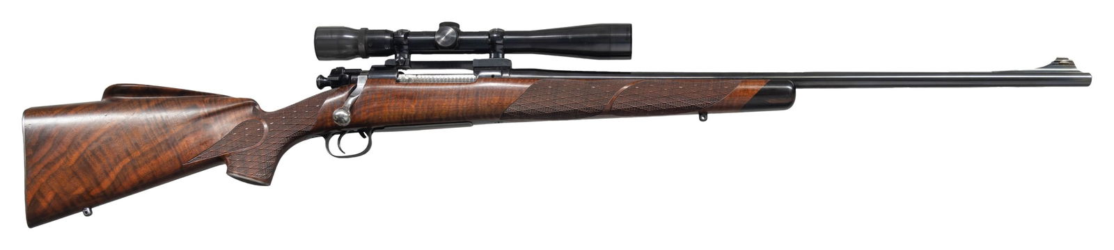LEONARD MEWS STOCKED 1903 SPRINGFIELD CUSTOM: SPORTER. Cal. 30-06. S# 331486. The 24" medium weight sporter barrel is unmarked. 1903 action is fitted with Redfield one piece scope base. Bolt body is engine turned. A swept handle with pear shaped