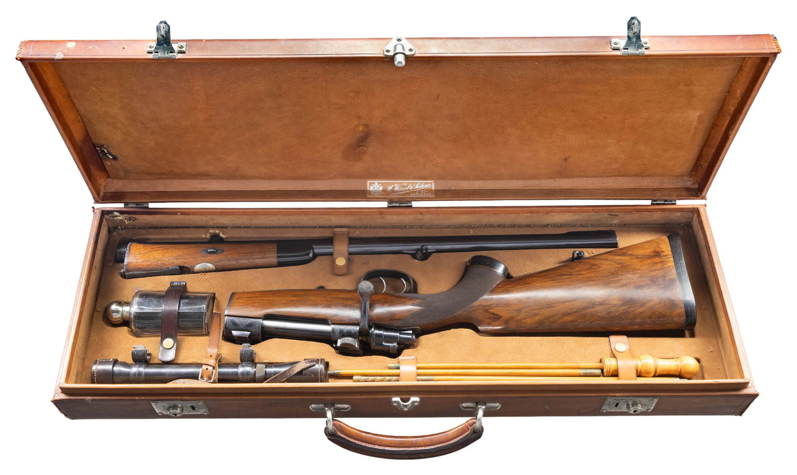 VERY FINE CASED TAKEDOWN MAUSER RIFLE BY J.: PETERLONGO. Cal. 9.5 x 60 (?). S# 48004 (Mauser Action # located on bottom of action when metal is out of wood & on back of magazine). The 24" one third octagon two thirds round ribbed barrel is