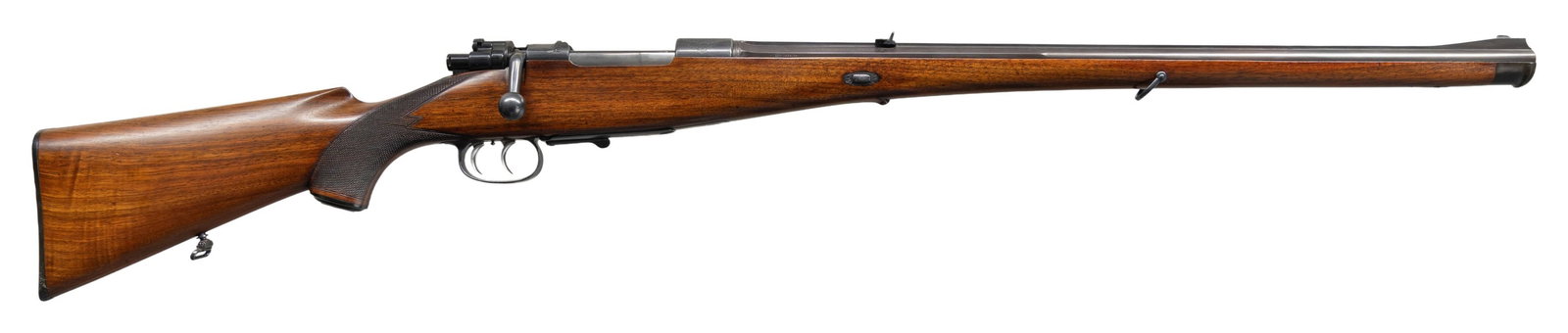 SCARCE FULL STOCK BIG BORE RIFLE BY PETERLONGO.: Cal. 11.2 x 72 (Schuler ?) . S# 6328 (on bolt) (1909). The 24-1/4" one third octagon 2/3 round ribbed barrel is fitted with one standing one folding leaf rear sight and silver bead front in raised