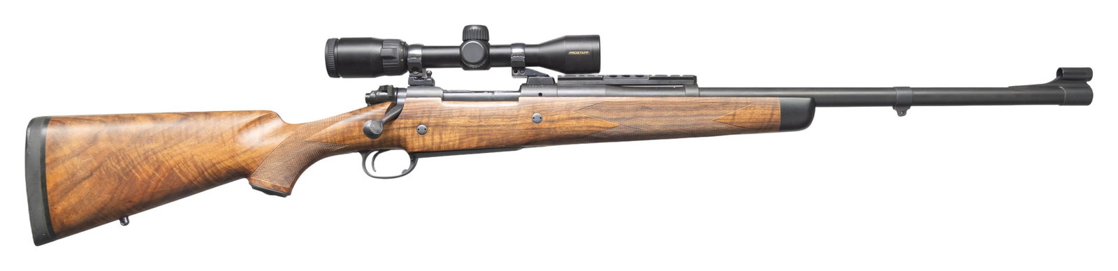 FRANK WELLS CUSTOM WINCHESTER MODEL 70: .458 WIN LOTT BOLT ACTION RIFLE. Cal. 458 Win. Lott. S# 33407. Bbl. 23 1/16". Model 70 bolt action rifle originally mfg. by Winchester in 1955 and later professionally customized by Frank Wells of Ari