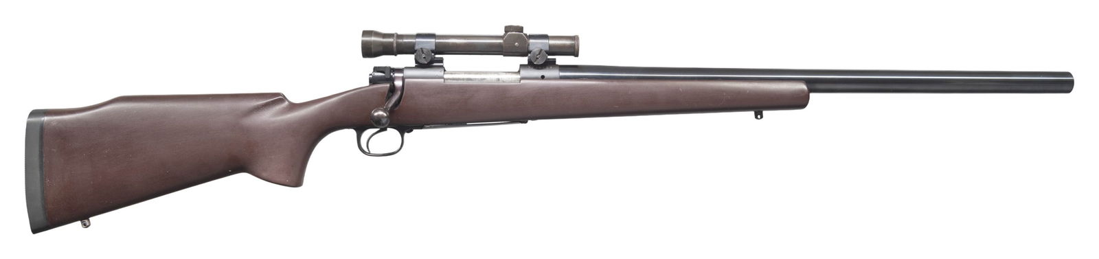 CUSTOM WINCHESTER MODEL 70 CALIBER 585 NYATI SHORT: BOLTACTION RIFLE. Cal. 585 Nyati Short. S# G958528. Bbl. 22" round heavyweight custom measuring 15/16" diameter at the muzzle. This cartridge is based on a 577 Nitro Express case, designed by Ross Sey