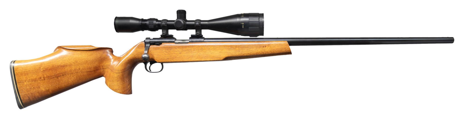 WINCHESTER 52-E CUSTOM BOLT ACTION TARGET RIFLE.: Cal. 22 LR. S# E123822. Bbl. 27 7/8" tapered round heavyweight with plug screws in holes for sight attachment. BSA Contender 4-16x50mm matte finished A.O. scope with target turrets and duplex reticle