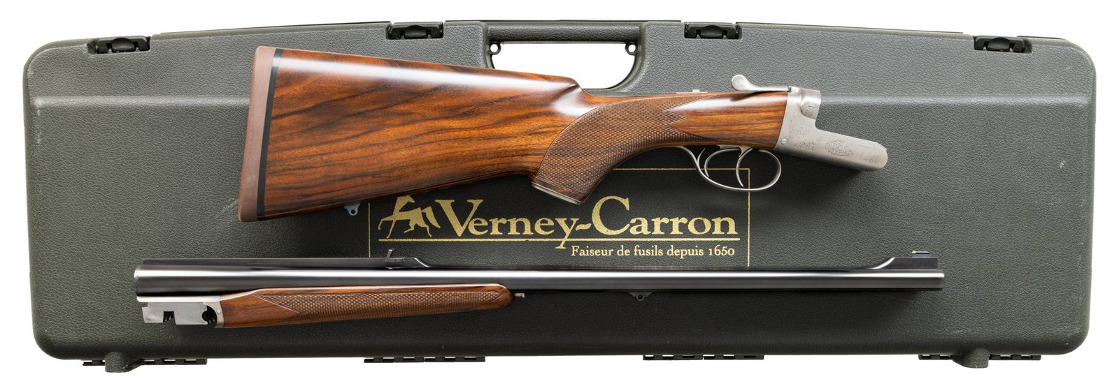 FINE VERNEY CARRON AZUR SAFARI BOXLOCK EJECTOR: DANGEROUS GAME DOUBLE RIFLE. Cal. 470 NE. S# A1410. The 24" shoe lump barrels are fitted with matted quarter rib holding one standing express rear sight. Matching front ramp holds silver bead. Mid-rib
