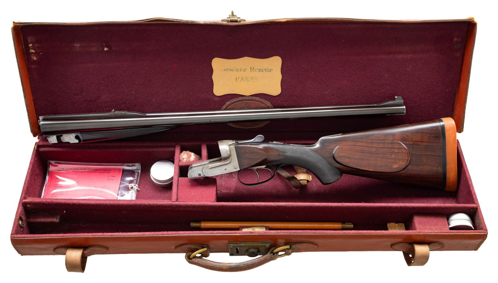 VERNEY CARRON DANGEROUS GAME DOUBLE RIFLE WITH: CASE. Cal. .475 No. 2 Nitro Express. S# 4404 (1929). The 25-5/8" chopper lump barrels are fitted with matted quarter rib holding one standing two folding leaf express rear sight and matching front ram