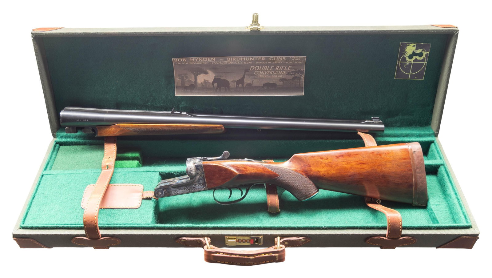 DANGEROUS GAME DOUBLE RIFLE CONVERTED FROM: SHOTGUN BY BOB HYNDEN WITH CASE. Cal. 577 Nitro for Black. S# PG33312. Using a Laurona 10 Ga. magnum boxlock action barrels were monobloced, new ribs fitted and barrels regulated. The 26" barrels fitt