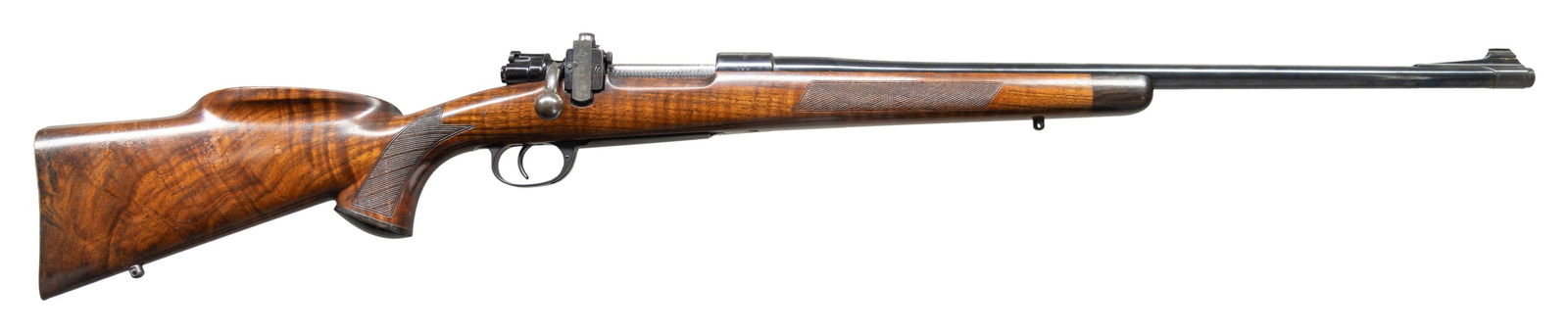 CUSTOM DWM COMMERCIAL MODEL 98 PFEIFER BARRELED: BOLT ACTION RIFLE. Cal. 30-06. S# 375. Bbl. 24" sporter barrel marked "Pfeifer Rifle Co. Roscoe, Calif." ("375" on bottom at rear) having Dahl banded ramped brass bead sight plus Lyman 48 receiver sig