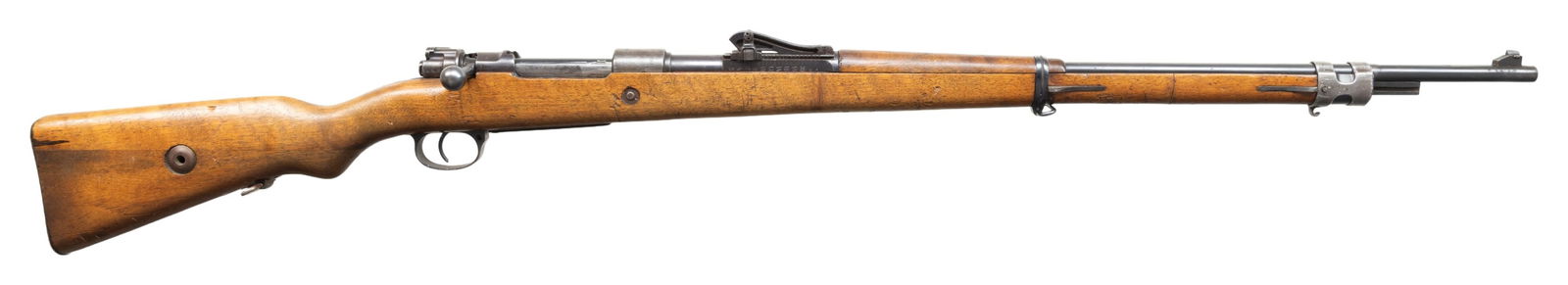 J.D. MORITZ SOHN WEHRMANN GEWEHR BOLT ACTION: RIFLE. Cal. 8.15x46R. S# 5. Bbl. 29". Gewehr 98 style sights with 400m roller coaster rear. Stamped matching numbers on receiver bridge, bolt handle, buttplate, floorplate & trigger guard. Inside of h