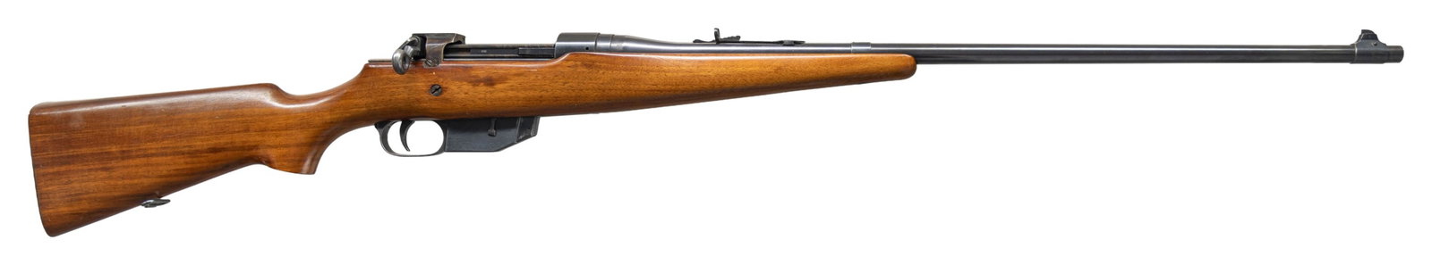 303 CAL.ROSS RIFLE CO. M-10 STRAIGHT PULL SPORTING: RIFLE. Cal. 303 Ross. S# 13497. The Ross M-10 sporting rifle chambered in 303 Ross is known as the "R-10". Tapered 26" barrel. Band mounted blade front sight & elevator adj. rear sight. Case hardened