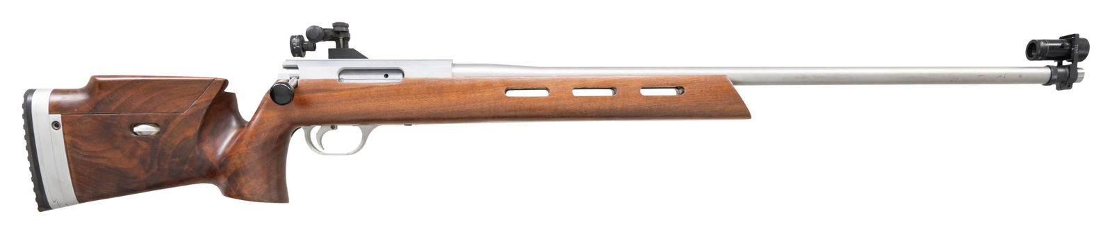 RPA QUADLOCK MODEL FREE STYLE BOLT ACTION RIFLE.: Cal. 308 Win. S# 73053. Bbl. 30" heavy stainless target with slight taper and 11 degree target crown; .816" diameter immediately behind its finely adjustable RPA Trakker globe sight plus matching RPA