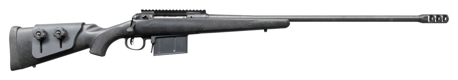 338 LAPUA, SAVAGE MODEL 111 LONG RANGE HUNTER BOLT: ACTION RIFLE. CAL. 338 Lapua. S# H397874. Bbl. 26" w/ muzzle break. Action has Picatinny rail & Accutrigger. Black composite stock w/ black pad & Karsten adj. comb. MAGS: 1 Accurate-Mag 5 rd. CONDITIO