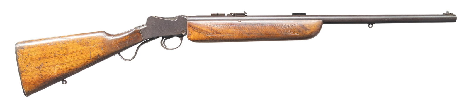 BSA No. 12 MARTINI SINGLE SHOT TARGET RIFLE.: Cal. 22 LR. S# 16236. Bbl. 24 1/4" having military style tangent rear sight, island base with dovetailed Patridge blade front sight plus Parker-Hale target blocks. Appears to be Model 12A as used in C